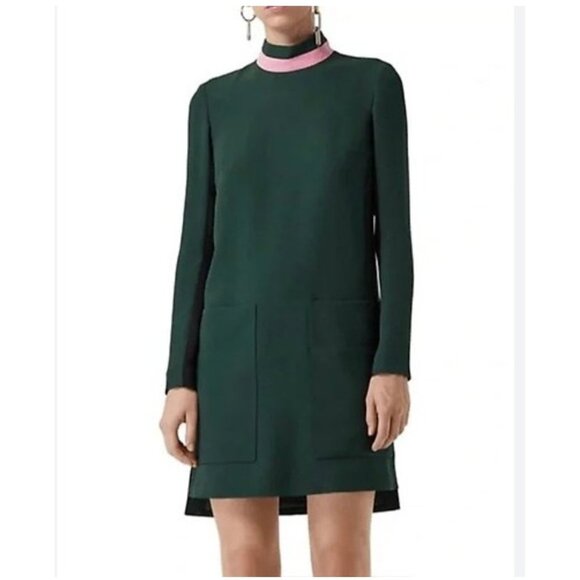 Burberry Dress Womens US 0 Dark Forest Green Zoya Pink Collar Long Sleeve Shift - Picture 1 of 6